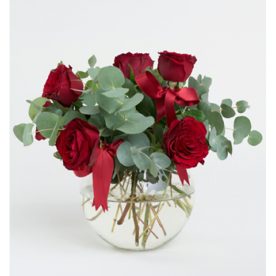 Kırmızı Kurdeleli Cam Akvaryumda 5 Kırmızı Gül