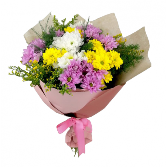 Ambalaj Kağıdında Renkli Papatya Buketi (~45 cm)