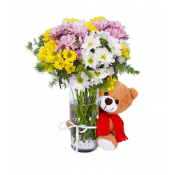 Ayıcıklı Vazoda Renkli Papatya (~50 cm)