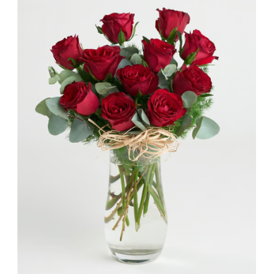 Kristal Silindir Cam Vazoda 11 Kırmızı Gül