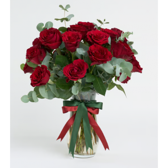 Kristal Silindir Cam Vazoda 25 Kırmızı Gül