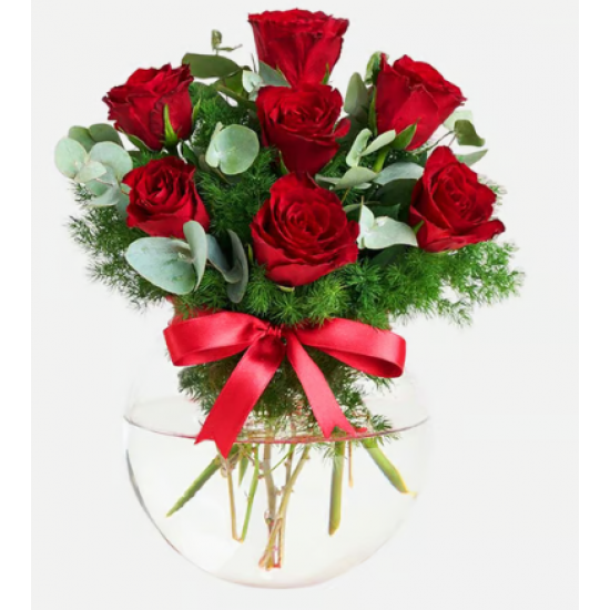 Akvaryum Cam Vazoda 7 Kırmızı Gül