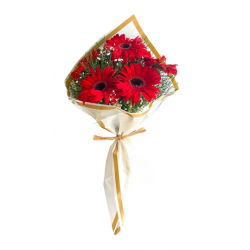 Beyaz Ambalaj Kağıdında Kırmızı Gerbera Buketi (5'li -~40 cm)