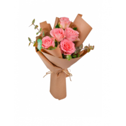Kraft Ambalaj Kağıdında Pembe Gül Buketi (5'li -~40 cm)