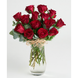 Kristal Silindir Cam Vazoda 15 Kırmızı Gül