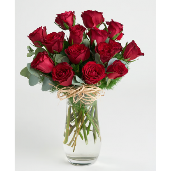 Kristal Silindir Cam Vazoda 15 Kırmızı Gül