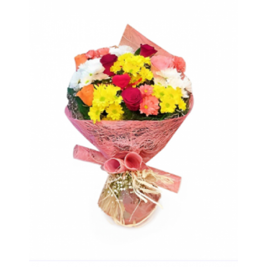 Pembe Abaka Tülünde Renkli Gül ve Papatya Buketi