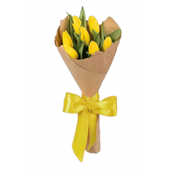 Kraft Kağıda Sarılı Sarı Kurdeleli Sarı Lale Buketi (7'li - ~40 cm)