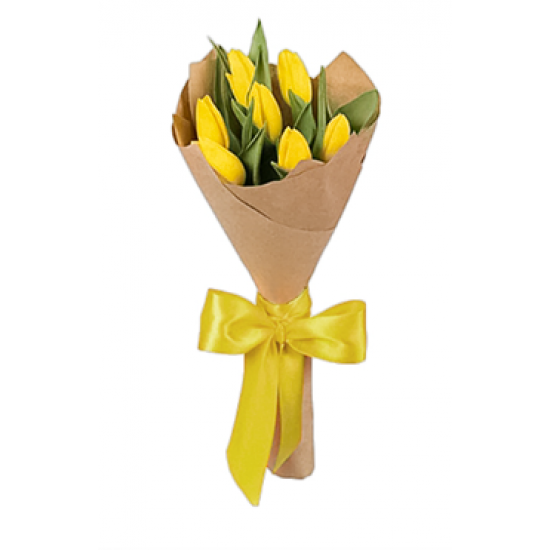 Kraft Kağıda Sarılı Sarı Kurdeleli Sarı Lale Buketi (7'li - ~40 cm)