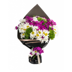 Siyah Ambalajda Mor Hüsnüyusuflar ve Beyaz Papatyalar Buket (~ 53 cm)