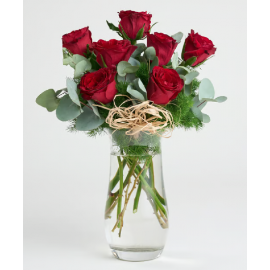 Kristal Cam Vazoda 7'li Kırmızı Gül
